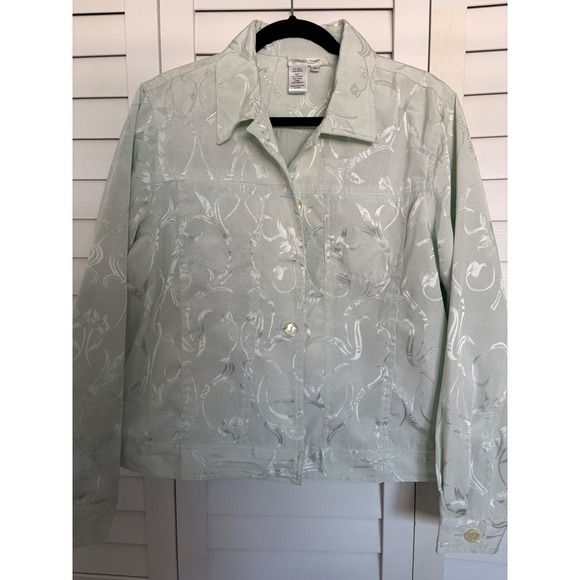 Coldwater Creek Floral Button Down Jacket‎ Career Office Light Green L - Picture 1 of 9